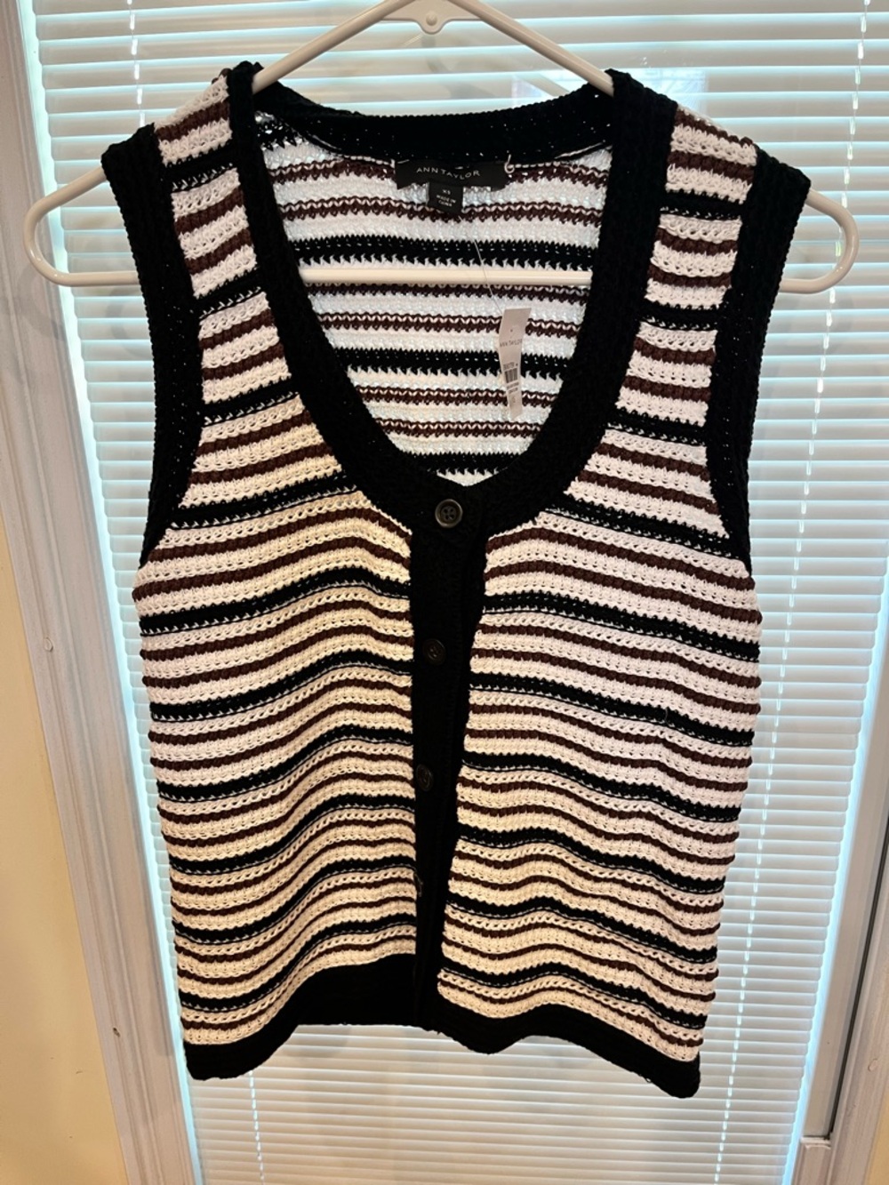 Ann Taylor Black, White and Brown Striped Crochet Button Vest